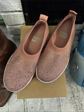 FitFlop Pink Rose Slip-On Rhinestone Knit Sneakers